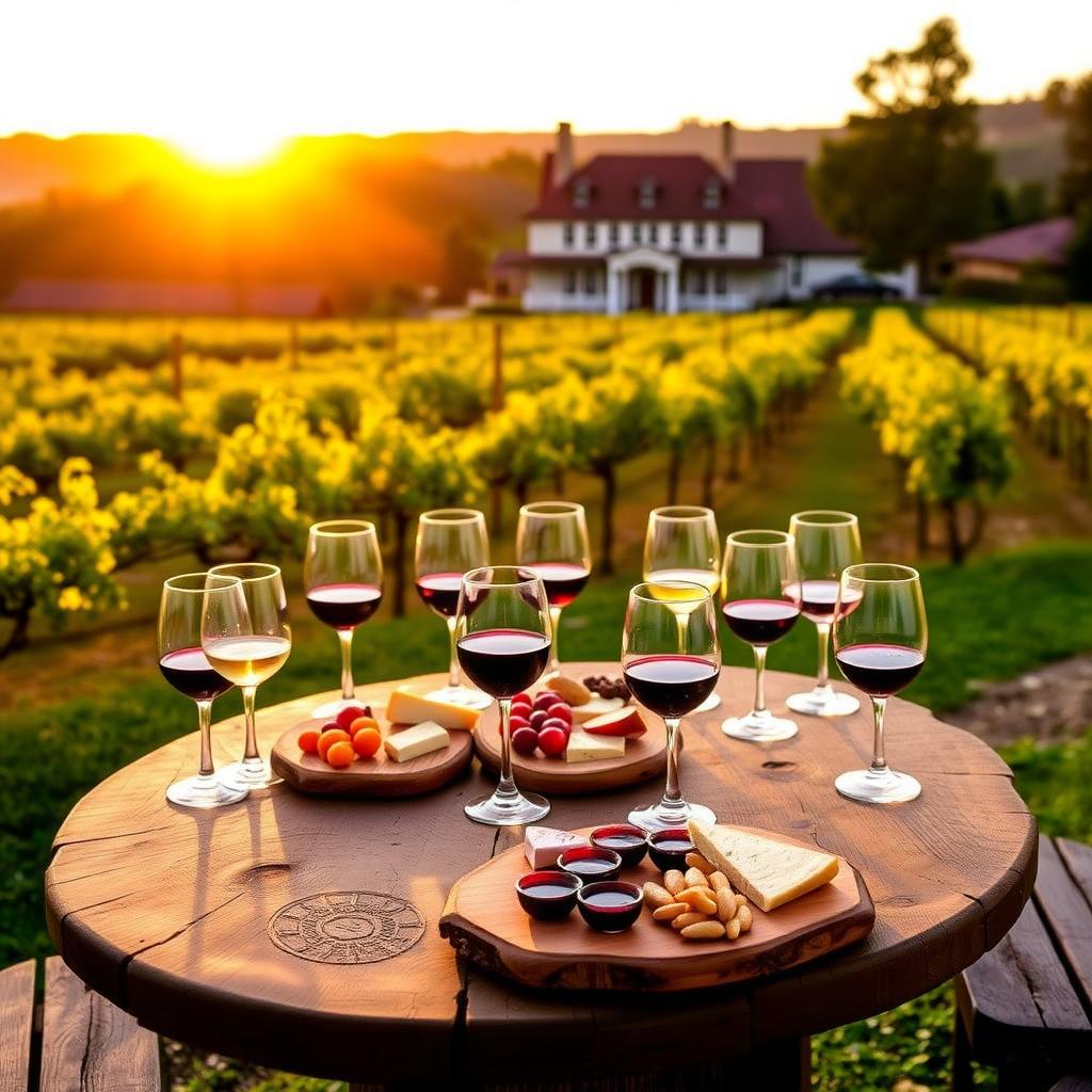 Outdoor wine tasting at Beringer Vineyards with wine glasses and vineyard views under a sunset.