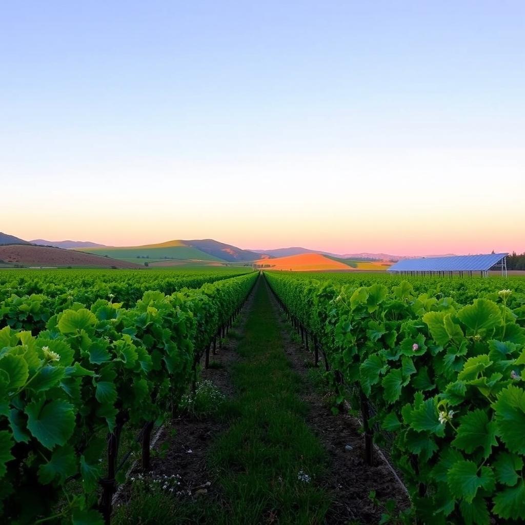 Sunrise over a Sonoma County vineyard with grapevines, cover crops, and solar panels