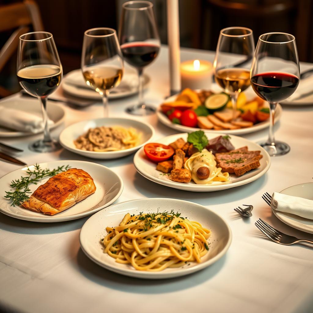Elegant dining table with assorted dishes and wine glasses