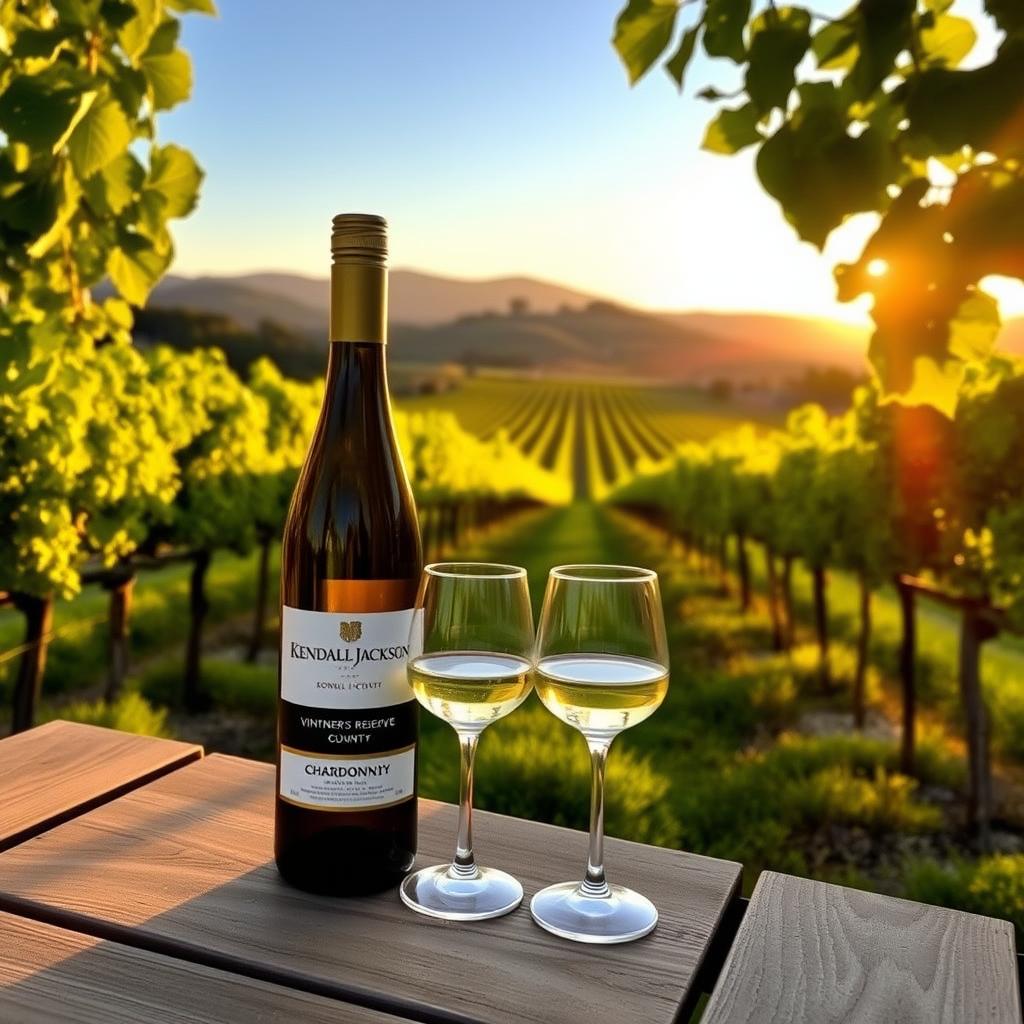 Kendall-Jackson vineyard in Sonoma County with a bottle of Chardonnay on a wooden table