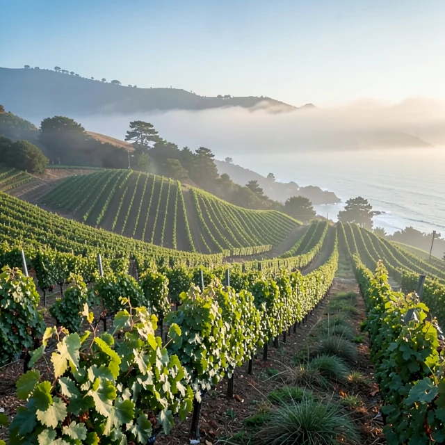 Foggy Sonoma Coast vineyards of La Crema with Pinot Noir vines