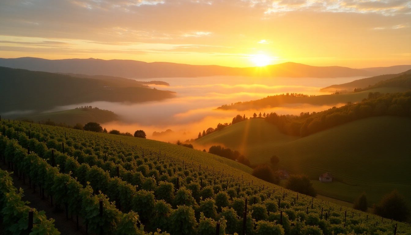 Aerial view of vineyards stretching over hills and valleys at sunrise.