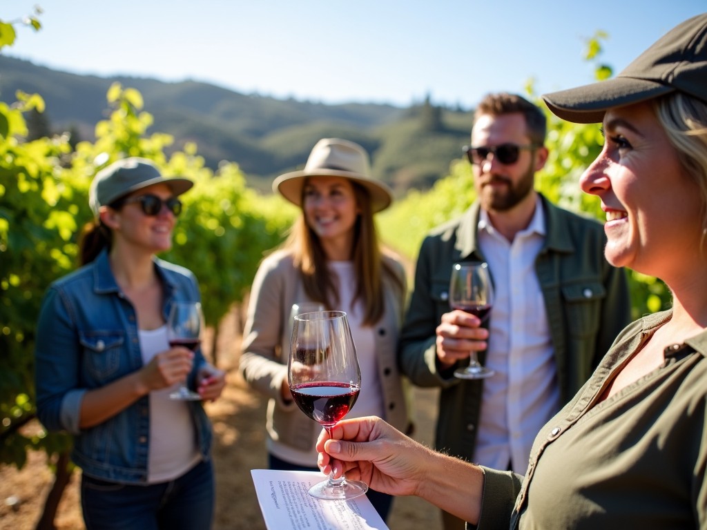 Guests interacting and taking notes during a vineyard tour at Beringer.