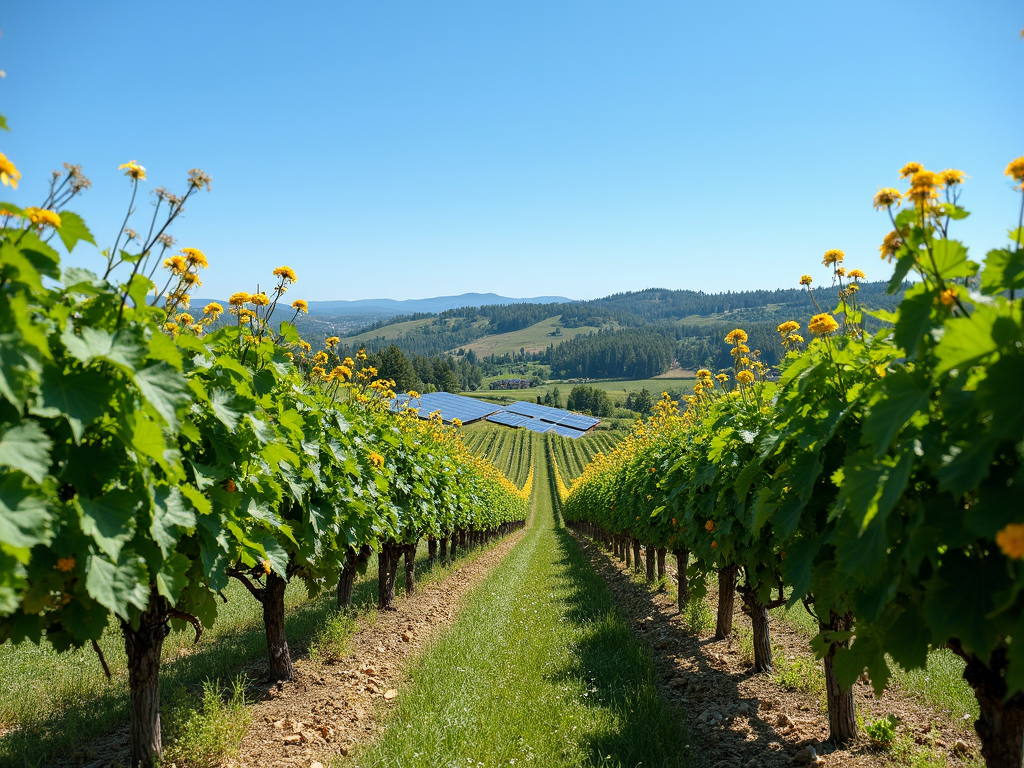 Sustainable vineyard in California with solar panels