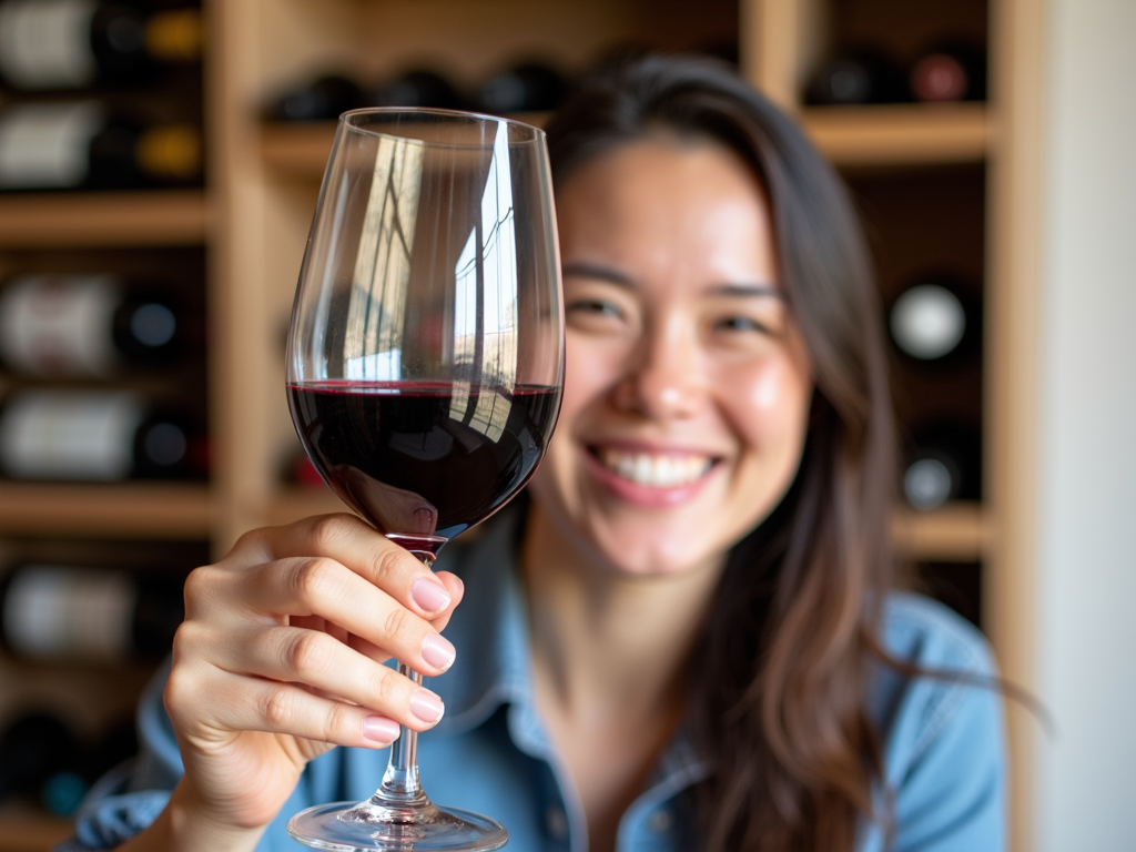 A person toasting with red wine in front of a tidy wine rack.