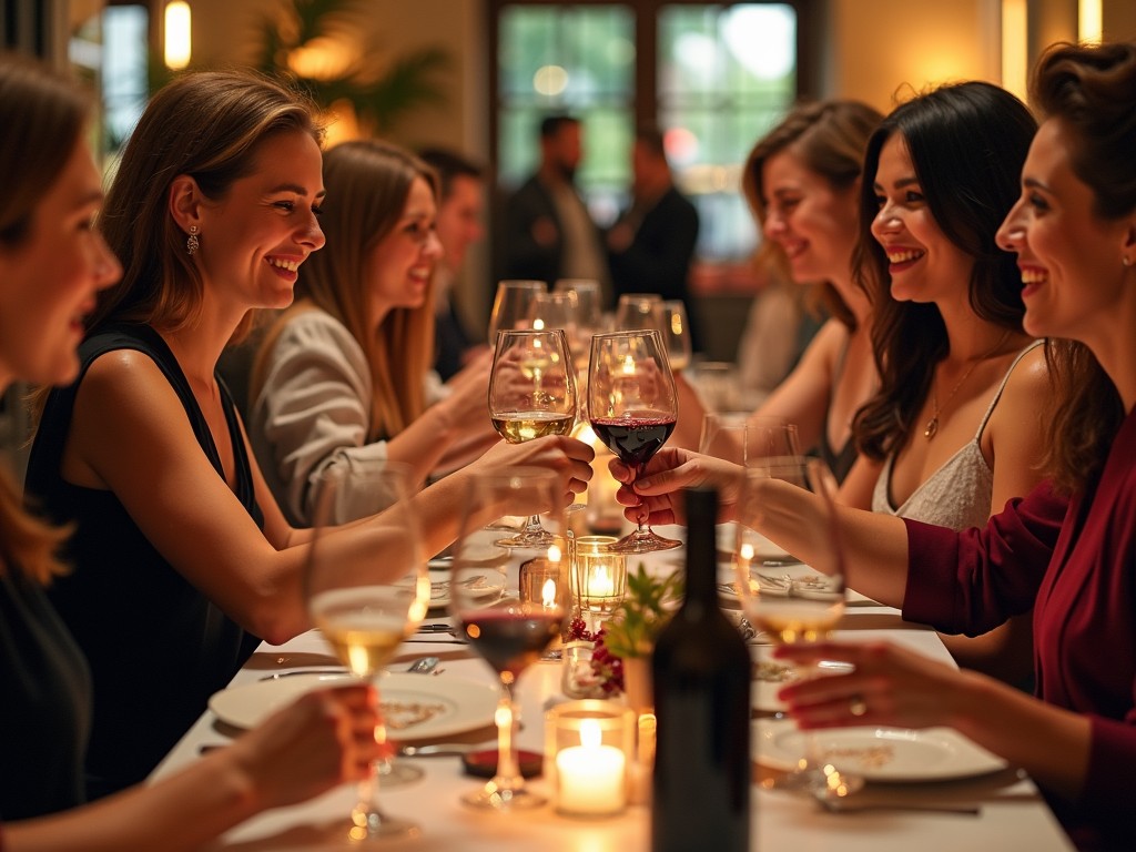 A happy couple enjoying wine at a tasting event, surrounded by other attendees.