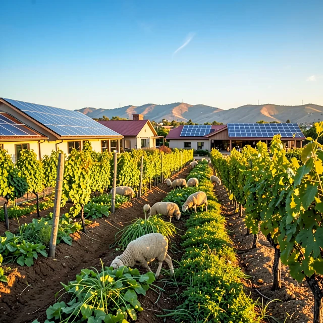 Sustainable vineyard showcasing regenerative agriculture and renewable energy at sunrise