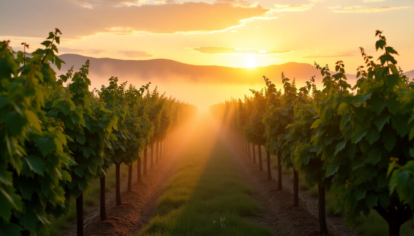 A panoramic view of a vineyard at sunrise, showcasing rows of grapevines and mist covering the fields.