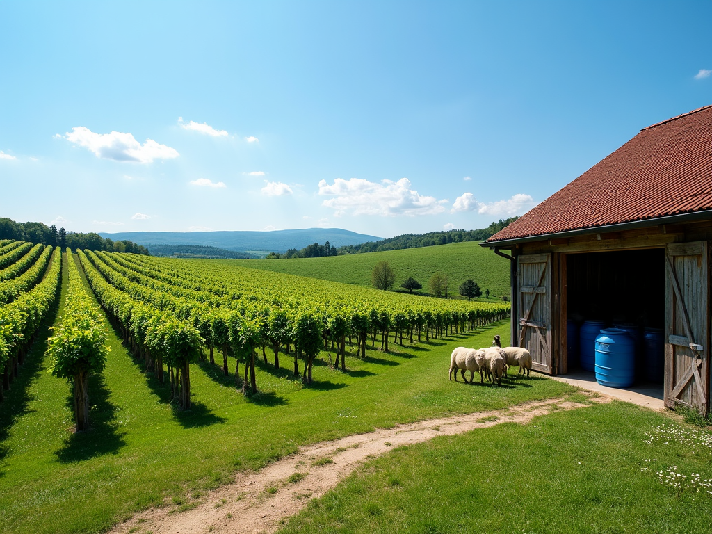 A sustainable vineyard using sheep and rainwater for eco-friendly winegrowing.