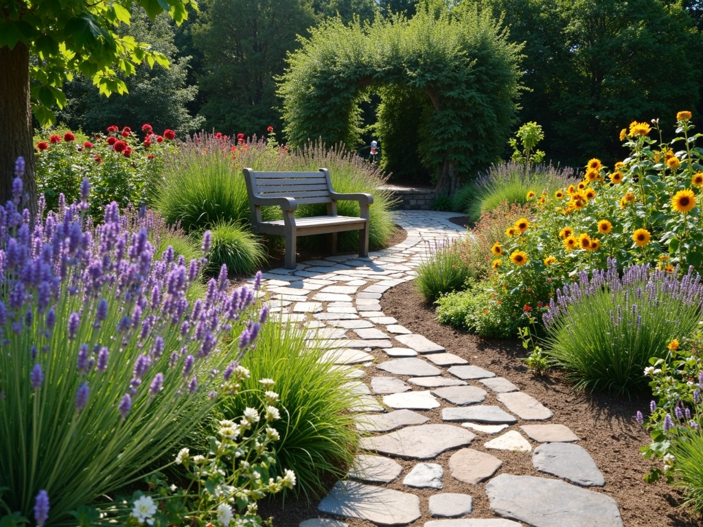 Garden path with flowers and fountain
