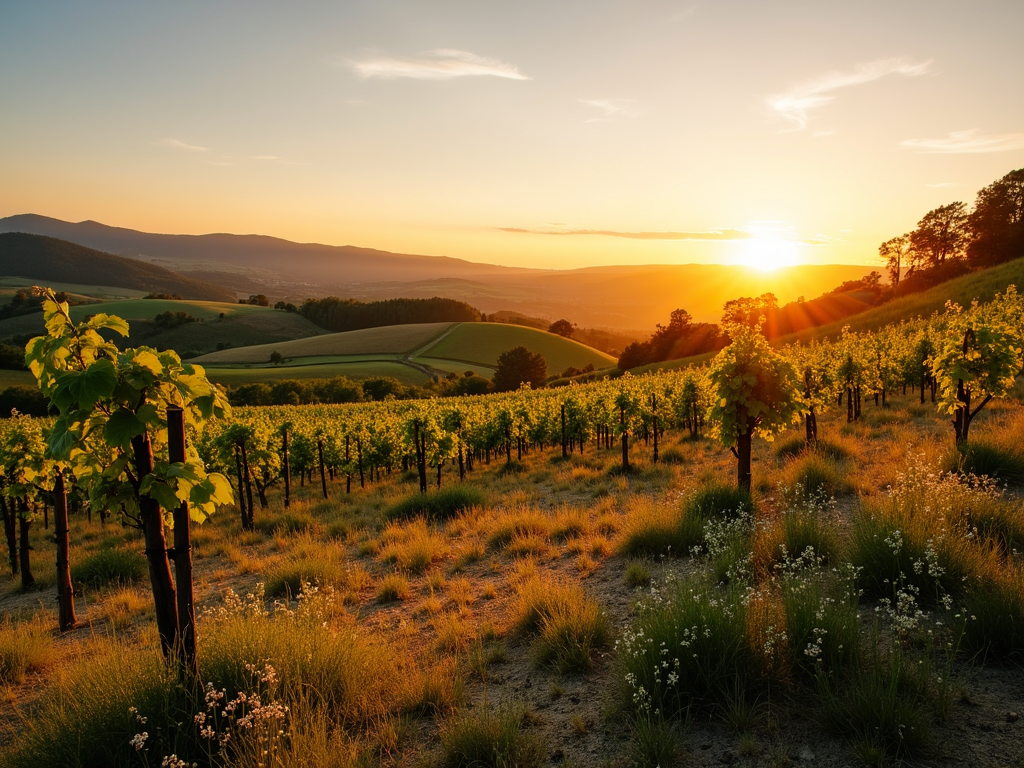 A biodiverse vineyard at sunset