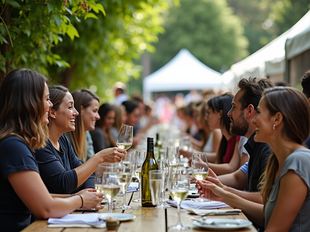 Wine enthusiasts tasting Sauvignon Blanc at a Marlborough festival, surrounded by vibrant vineyards.