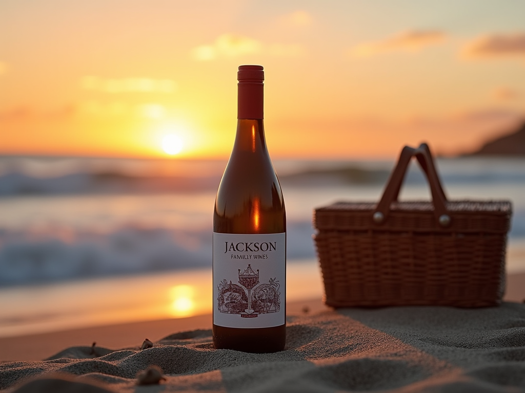 AI-generated image of Jackson Family Wines bottle at a beach sunset