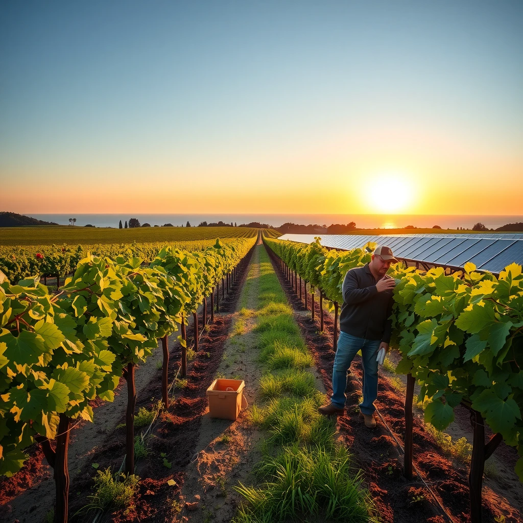 Sustainable coastal vineyard with solar panels and ocean view